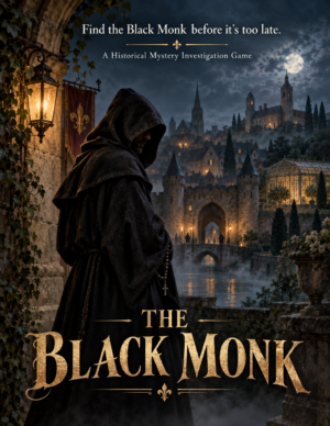 The Black Monk historical mystery game cover with a hooded figure in a moonlit town