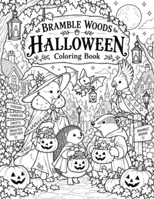 Bramble Woods Halloween Coloring Book cover with animal friends in costumes, pumpkins and lanterns