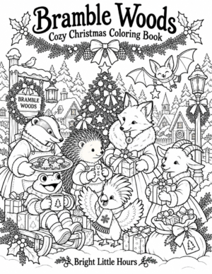 Bramble Woods Christmas Coloring Book cover with animal friends, gifts and a decorated tree in a snowy village