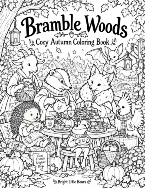 Bramble Woods Autumn Coloring Book cover with animal friends sharing tea among pumpkins and autumn leaves