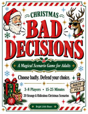 Bad Decisions Christmas game cover with Santa, a reindeer and red and green holiday lettering