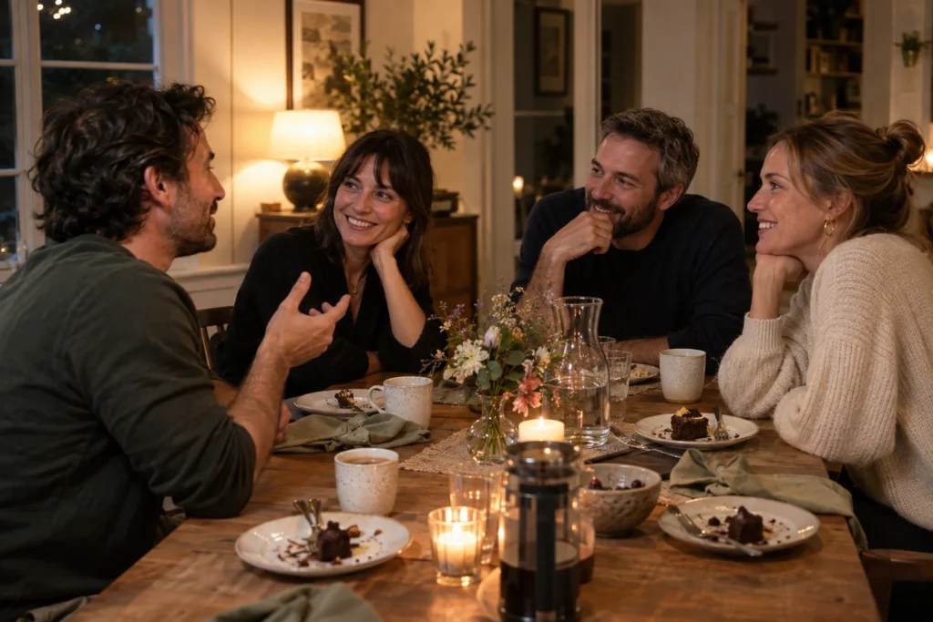 Four friends smiling and talking around a dinner table with dessert plates and coffee.