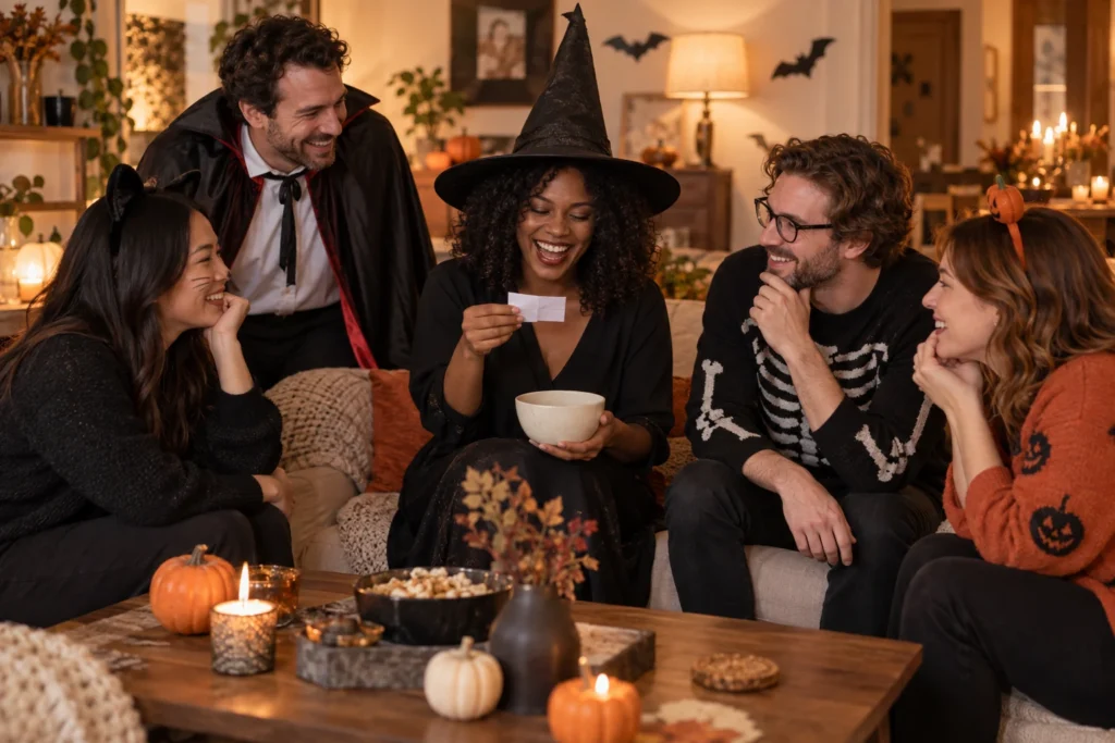 Friends in Halloween costumes laughing as one reads a game prompt from a bowl.
