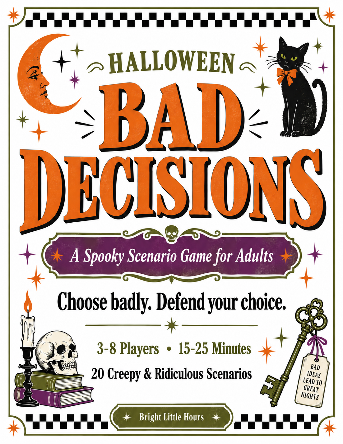 Cover of Bad Decisions, a printable Halloween scenario game for adults.