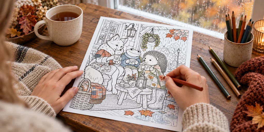 A cozy fall coloring afternoon: one hand colors a woodland scene with a rust pencil beside a mug of tea and a rainy window