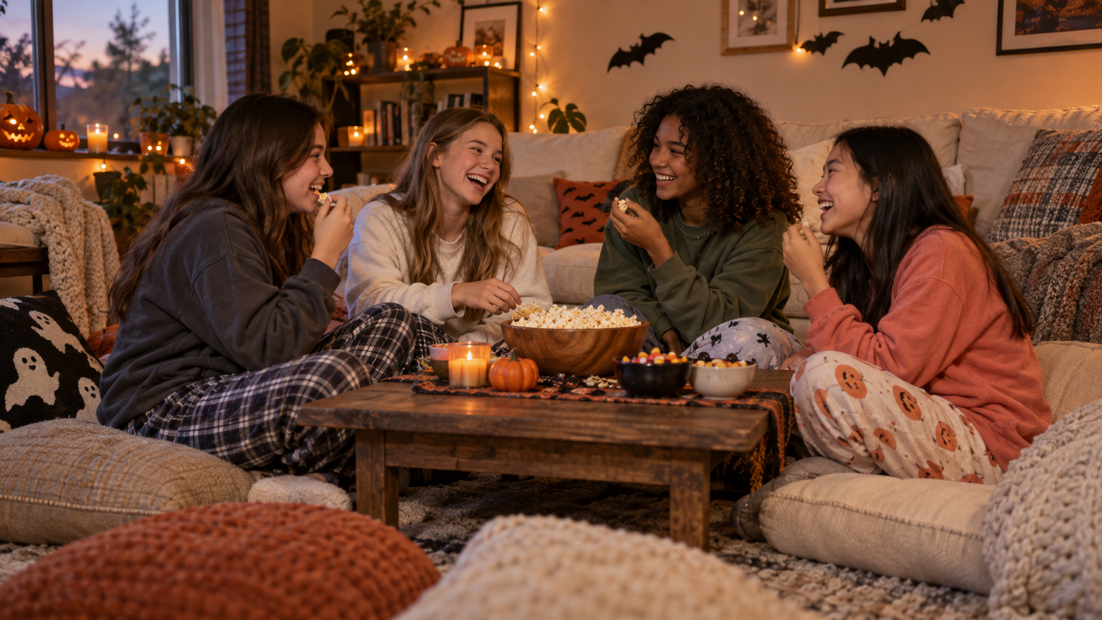 Four teenage friends sharing popcorn in a cozy living room decorated for a Halloween sleepover.