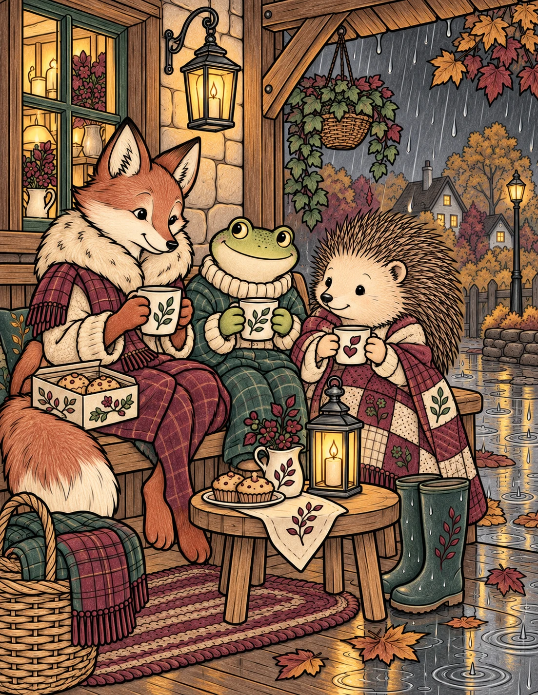 Bramble Woods rainy porch scene digitally colored in Lantern Walk colors