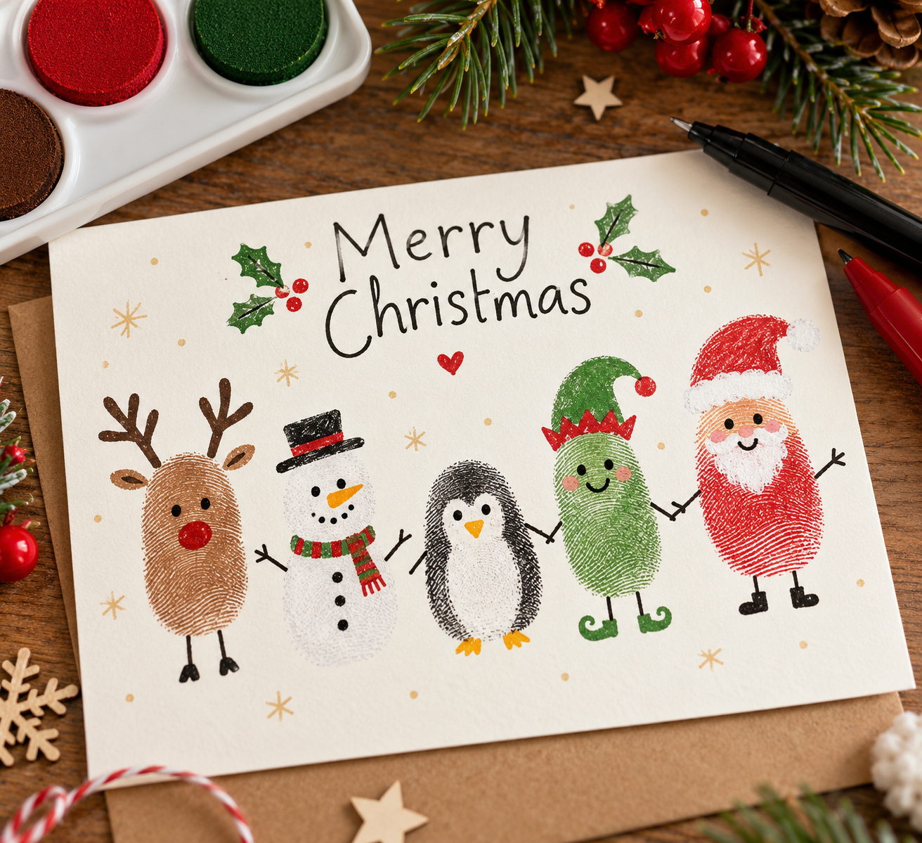 Handmade Christmas card with fingerprint reindeer, snowman, penguin, elf, and Santa, beside ink pads and pens.