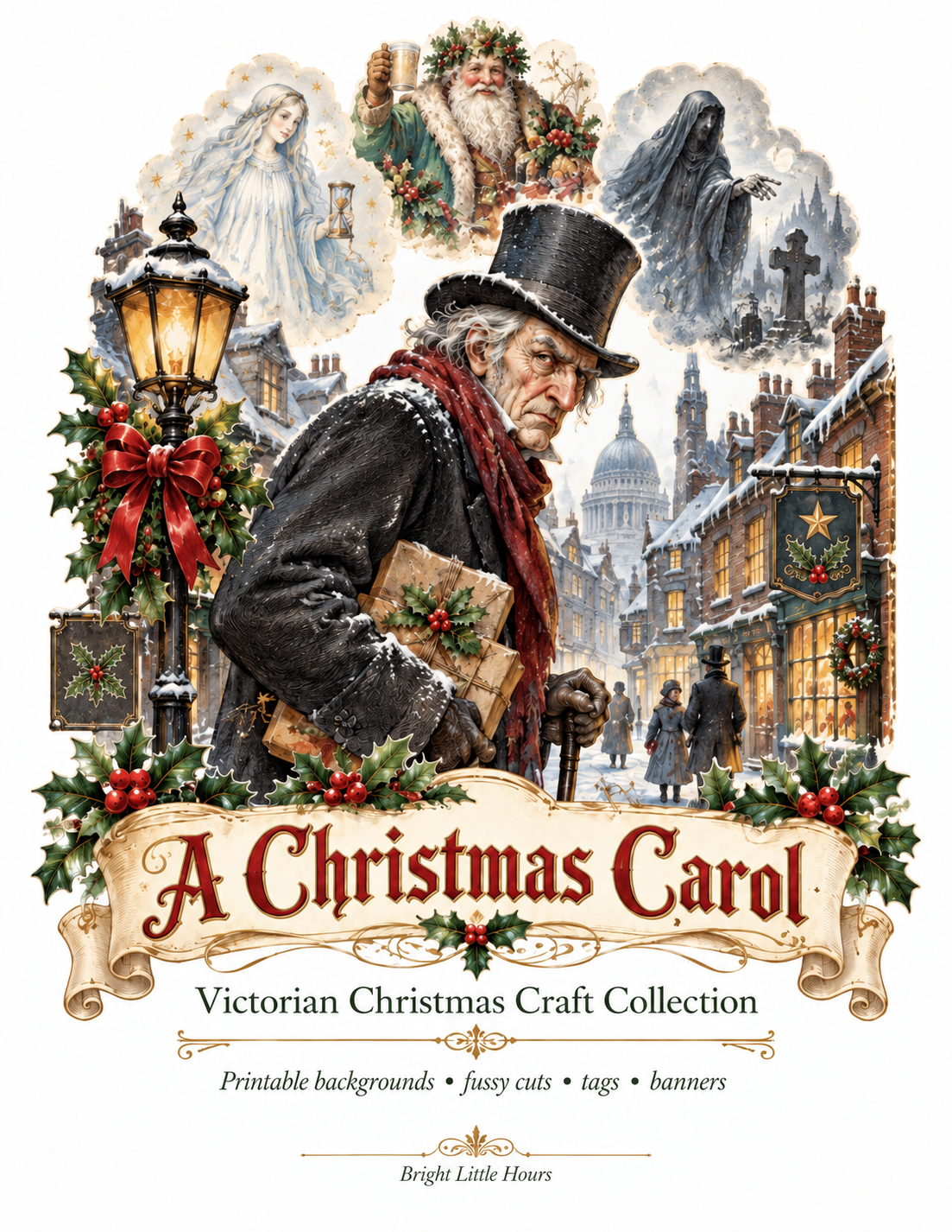 A Christmas Carol cover with Scrooge in a snowy Victorian street and the three Christmas spirits above him.