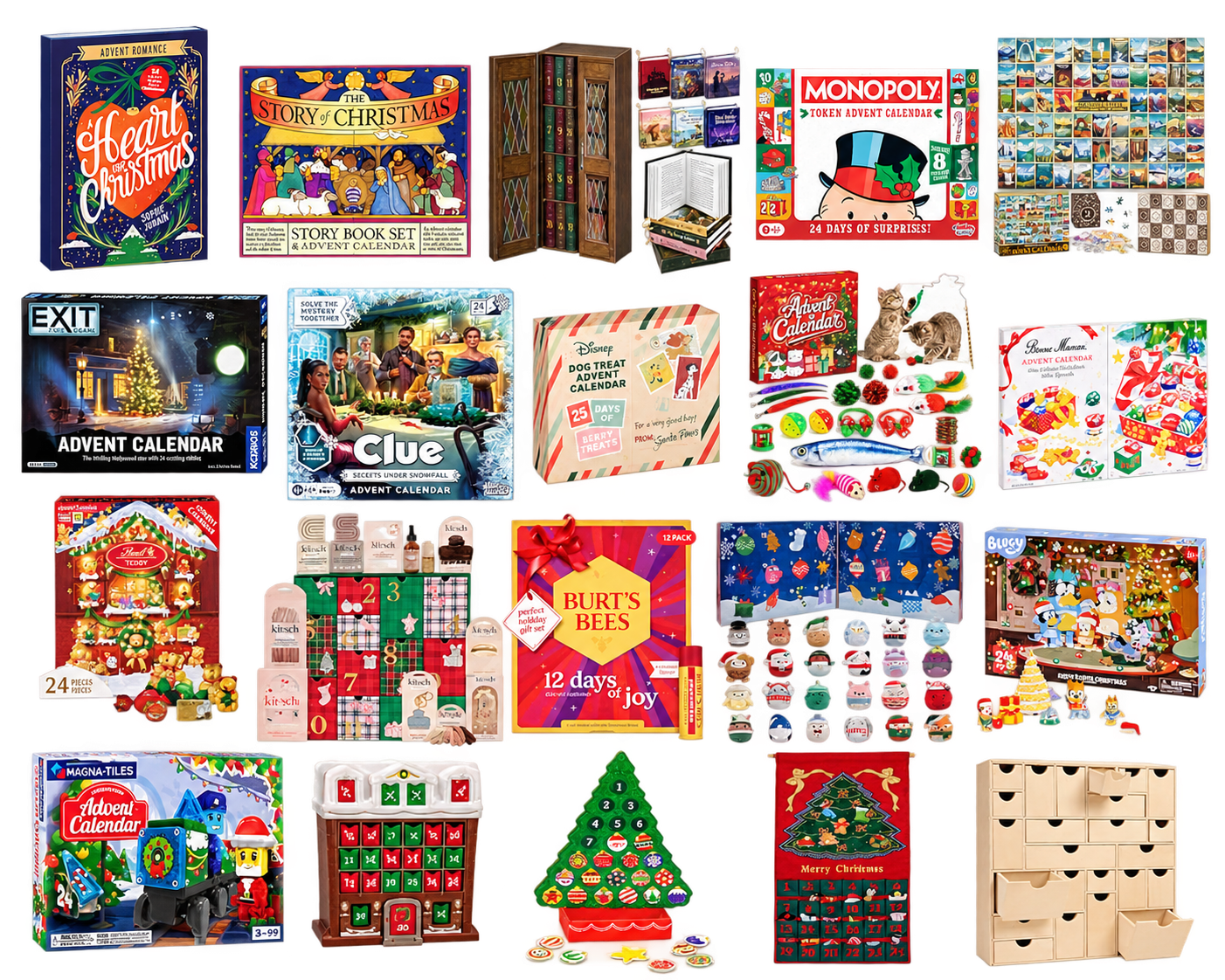 Collage of twenty Advent calendars, including books, games, treats, toys, and reusable countdown calendars.