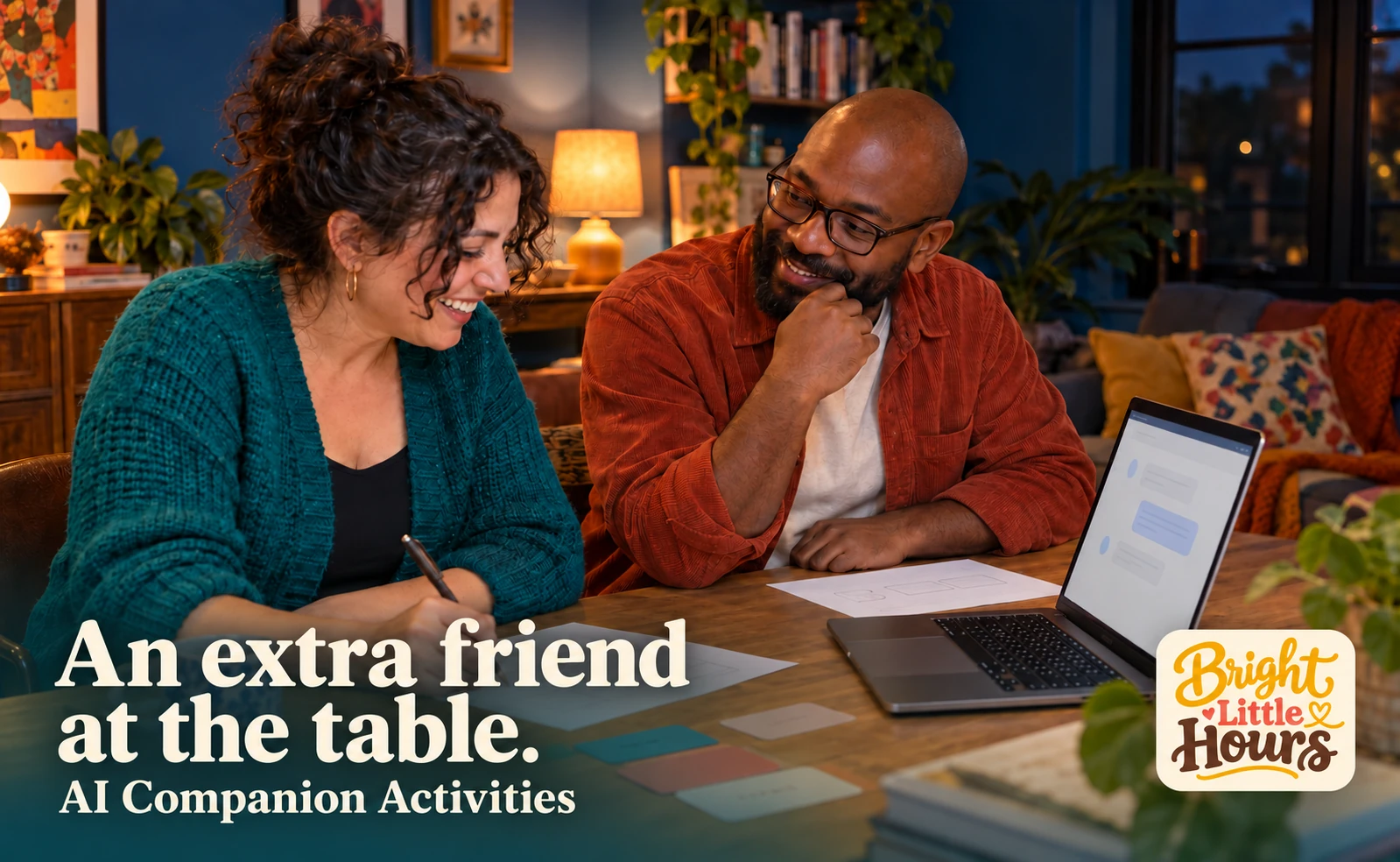 Two adults enjoying an activity at a table with an AI companion on a laptop. An extra friend at the table. AI Companion Activities.