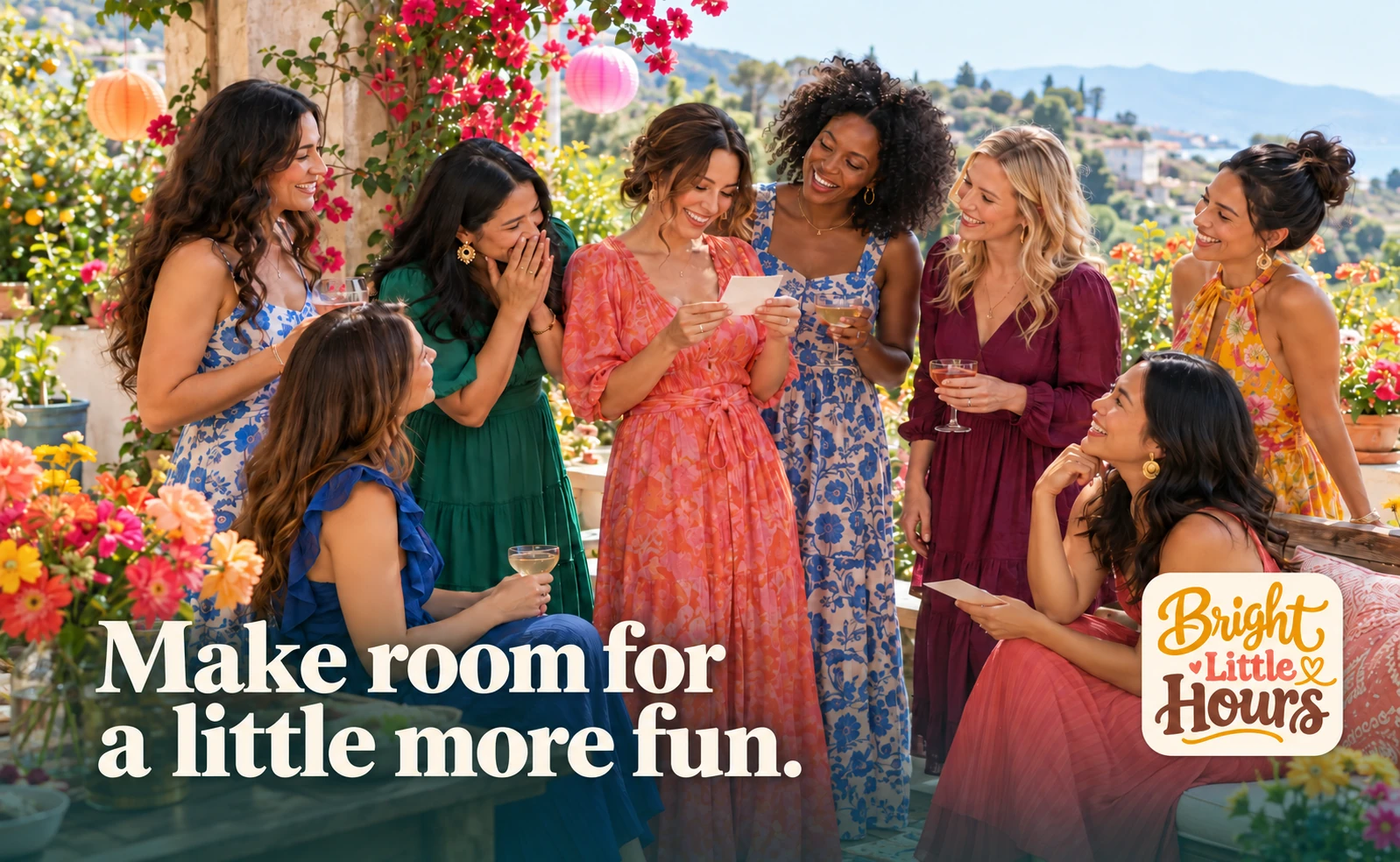 Friends sharing a printable activity at a colourful outdoor celebration. Make room for a little more fun.