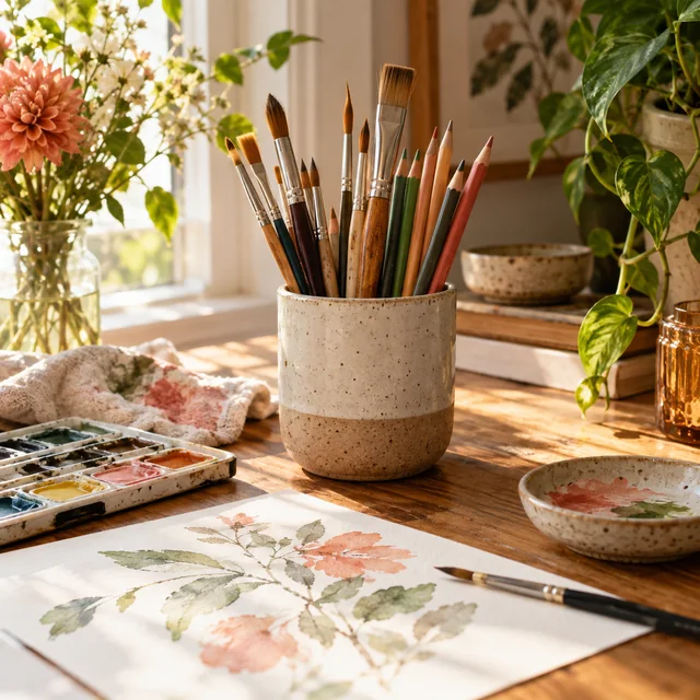 Paintbrushes and colored pencils beside watercolor supplies.