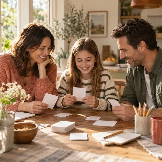 Parents enjoying a card activity with their school-age daughter.