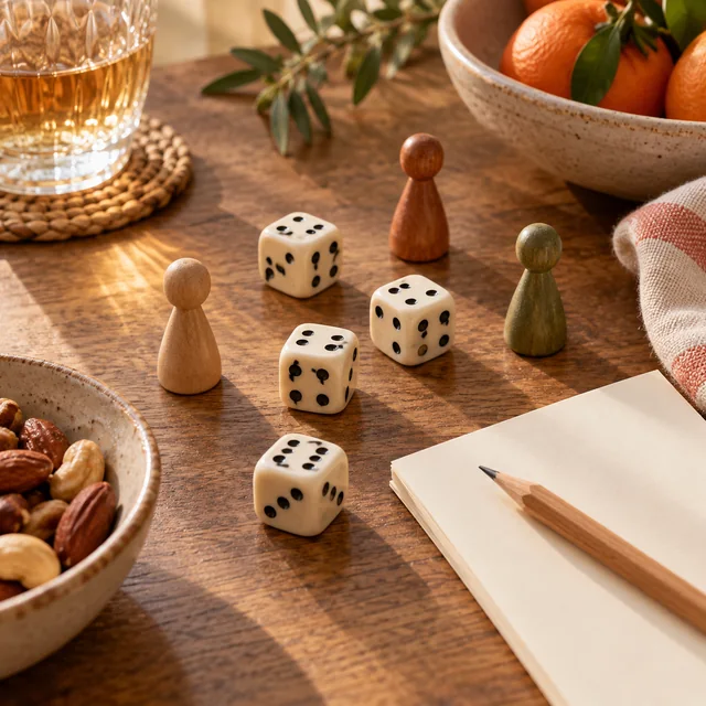 Cream dice and wooden game pieces beside paper and a pencil.