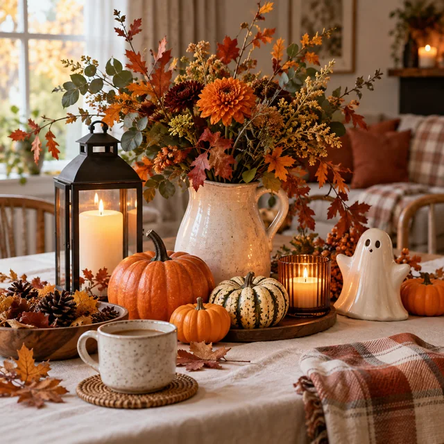 Small pumpkins and autumn foliage glowing beside a candle.