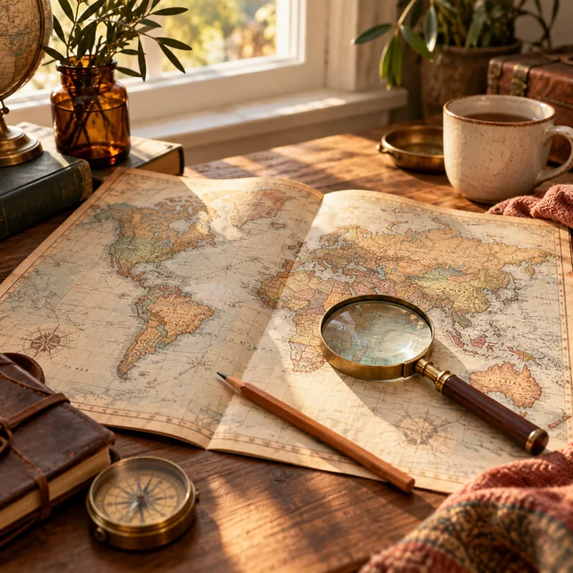 A magnifying glass and pencil resting on a vintage map.