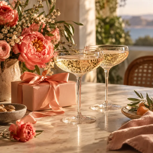 Sparkling drinks, coral flowers and a ribbon-wrapped celebration gift.