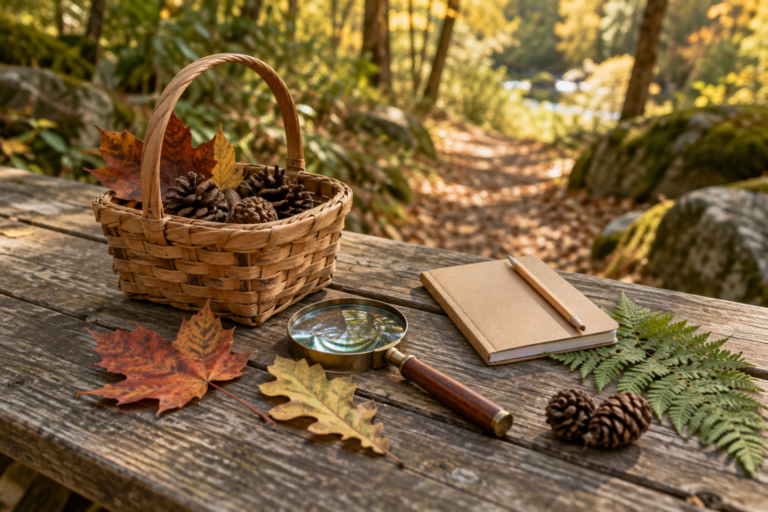A basket of leaves and pinecones, magnifying glass and notebook beside a sunlit woodland path.