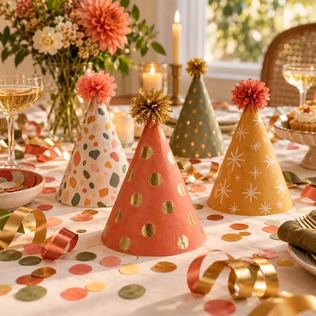 Coral and amber paper party hats with ribbons and confetti.