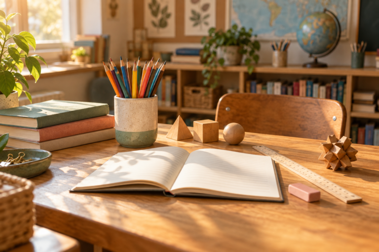 Colored pencils, books and an open notebook on a warmly lit classroom desk.