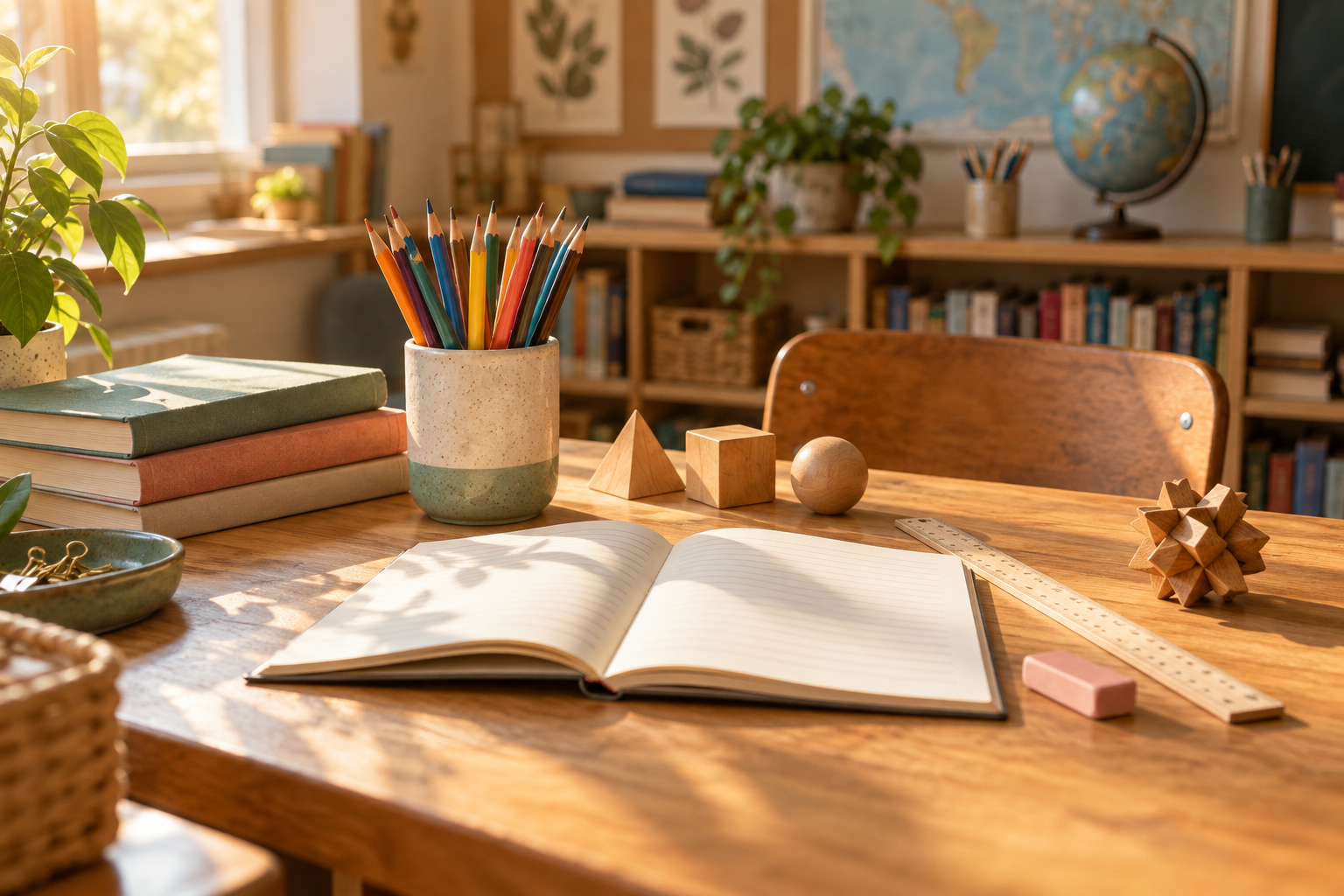 Colored pencils, books and an open notebook on a warmly lit classroom desk.