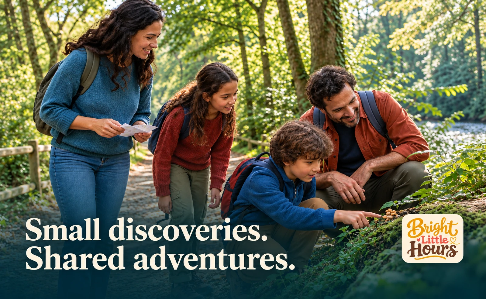 A family with two school-age children exploring a woodland activity together. Small discoveries. Shared adventures.