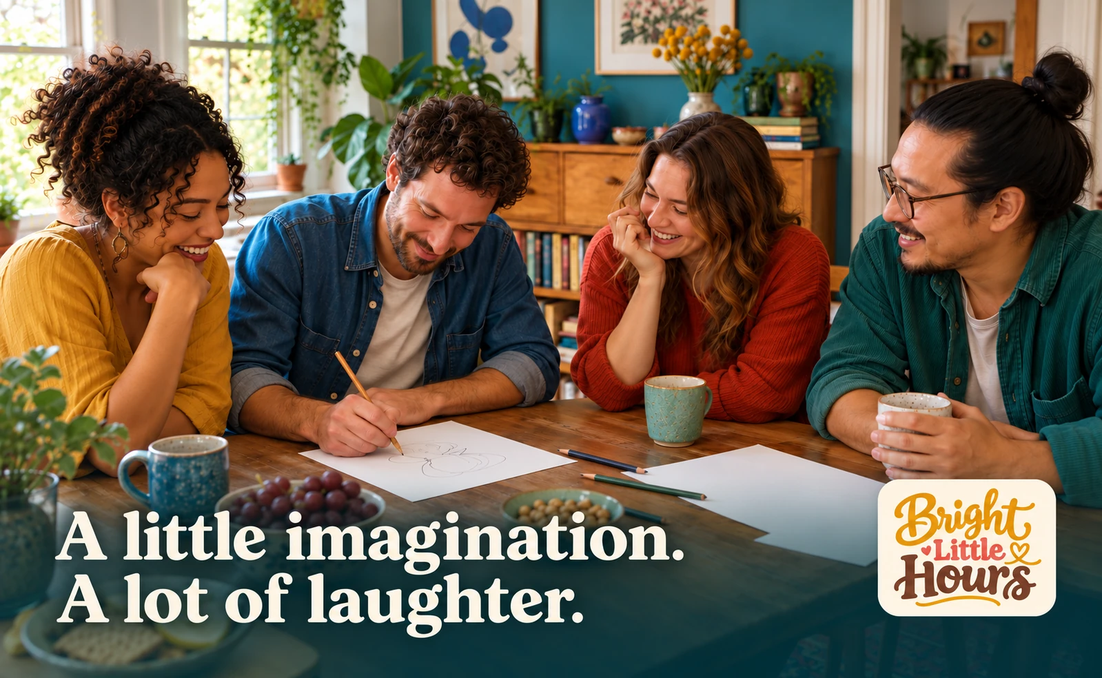 Four adult friends enjoying a drawing activity at a colorful table. A little imagination. A lot of laughter.