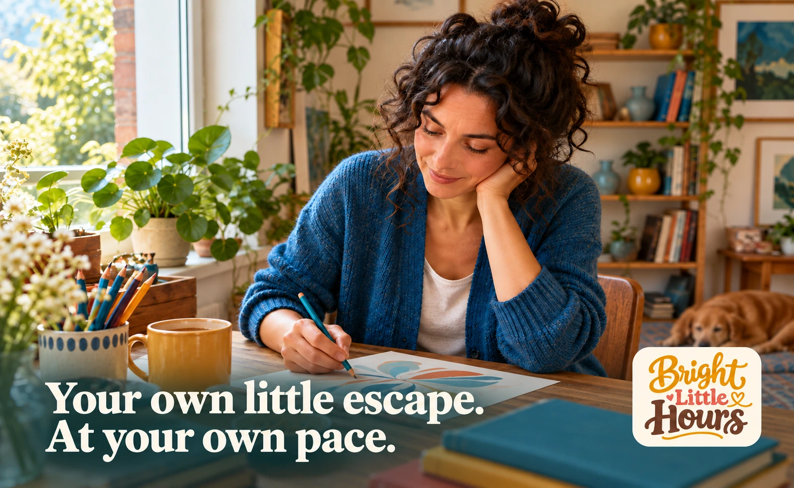 A woman enjoying a quiet colouring moment at home beside a window. Your own little escape. At your own pace.