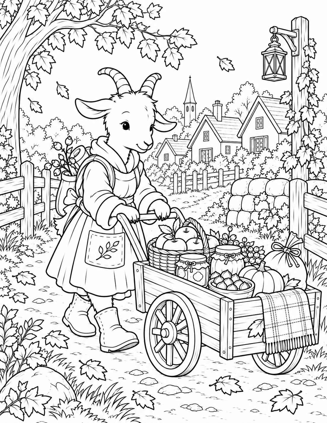 Goat with an autumn harvest cart: black-and-white Bramble Woods preview