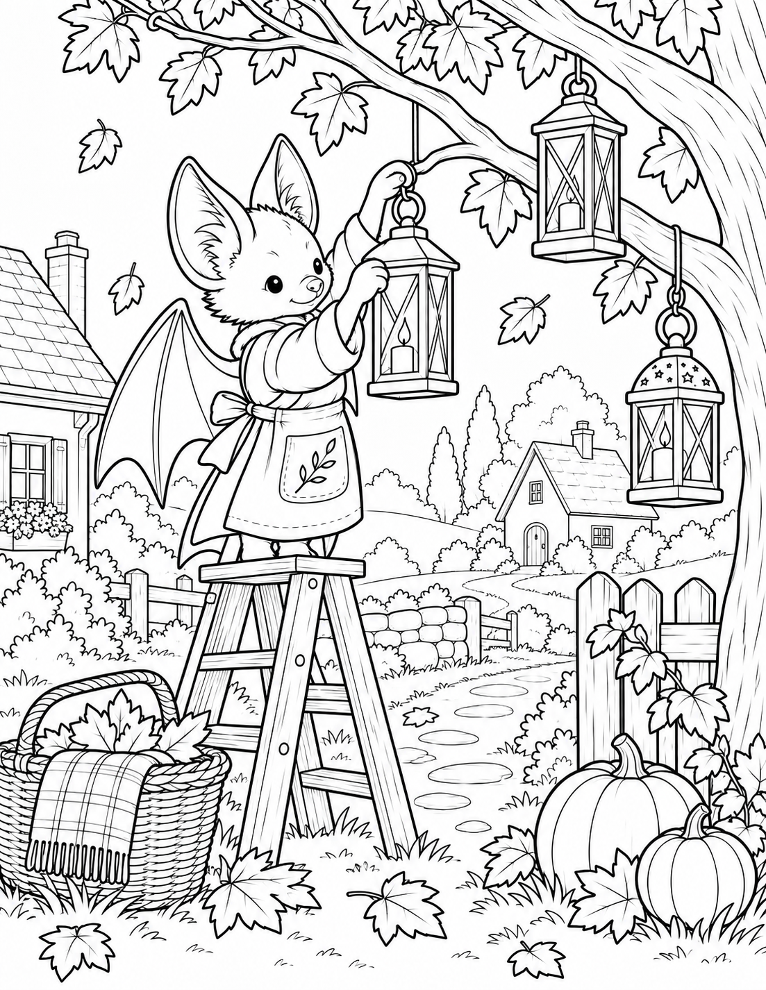 Bat hanging lanterns: black-and-white Bramble Woods preview