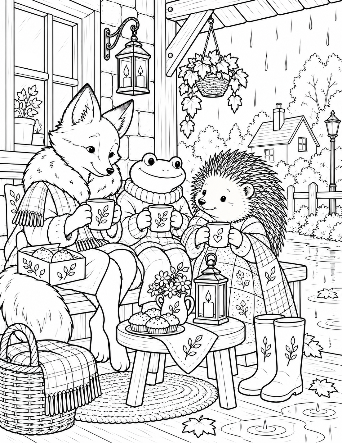 Woodland friends sharing tea on a rainy porch: black-and-white Bramble Woods preview