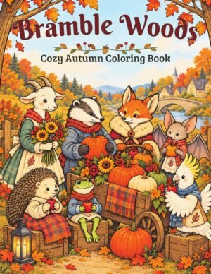 Full-color cover of Bramble Woods Cozy Autumn Coloring Book, showing woodland animal friends with pumpkins and harvest flowers