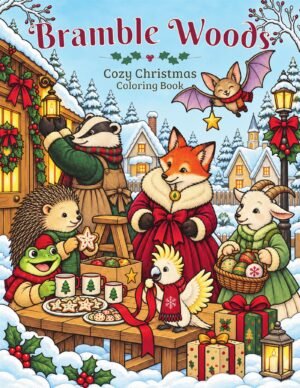 Colored cover of Bramble Woods Cozy Christmas Coloring Book, with woodland animal friends in a snowy Christmas village