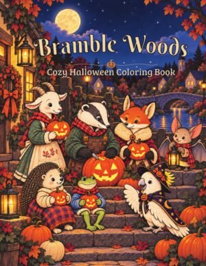 Colored cover of Bramble Woods Cozy Halloween Coloring Book, with animal friends holding jack-o’-lanterns in a moonlit village.
