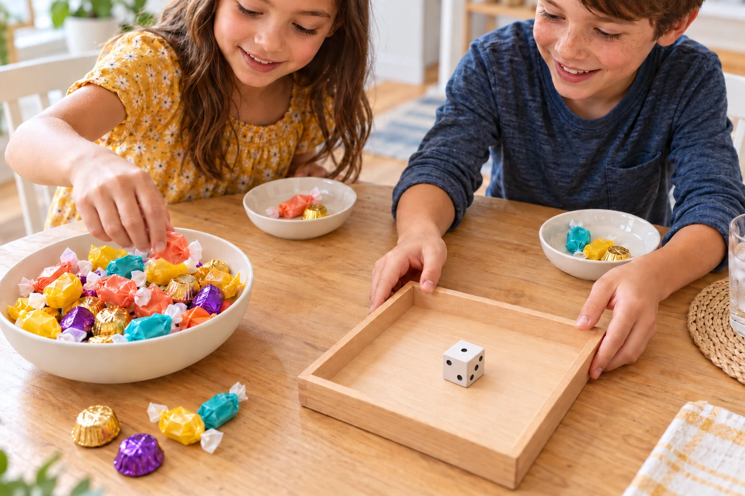 Two children arranging wrapped candy and a wooden dice tray on a table.