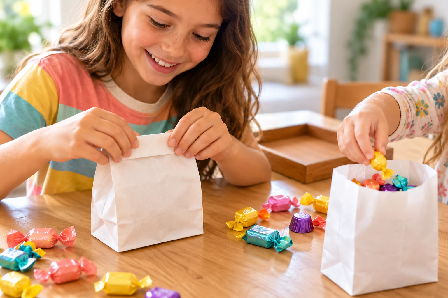 Children filling and folding white paper bags of colorful wrapped candy.