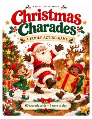 Christmas Charades cover with Santa, a reindeer, an elf and a child carrying a large present, with 60 charade cards and 3 ways to play.