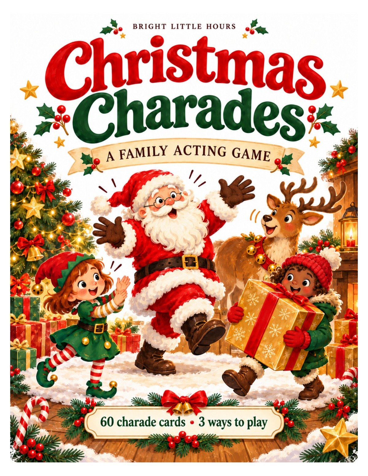 Christmas Charades cover with Santa, a reindeer, an elf and a child carrying a large present, with 60 charade cards and 3 ways to play.