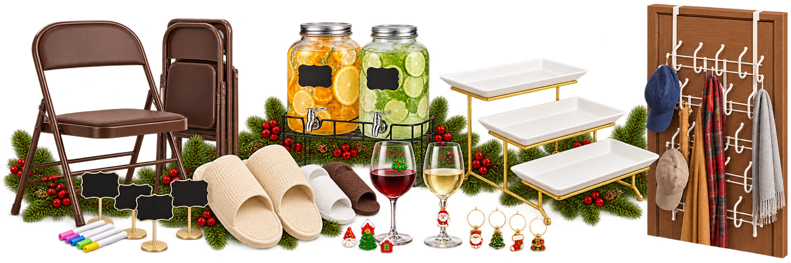 Christmas hosting inspiration with folding chairs, guest slippers, chalkboard labels, drink dispensers, tiered trays, festive glass markers and charms, and an over-door coat rack.