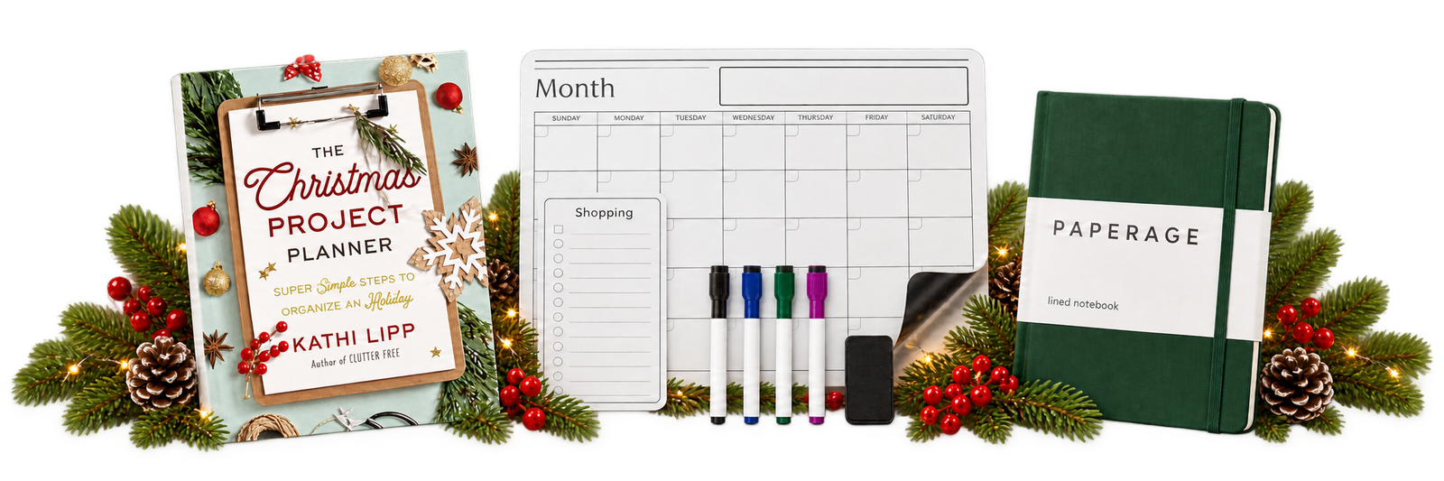 Christmas planning inspiration with a planner book, a reusable monthly calendar with markers, and a forest-green lined notebook.