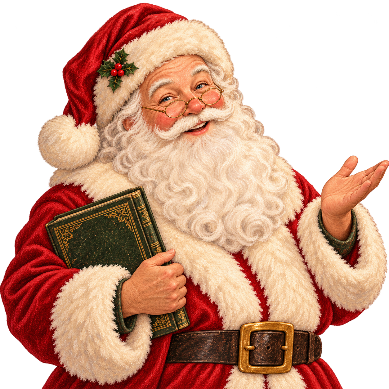 Santa holding a green storybook and welcoming you with an open hand.