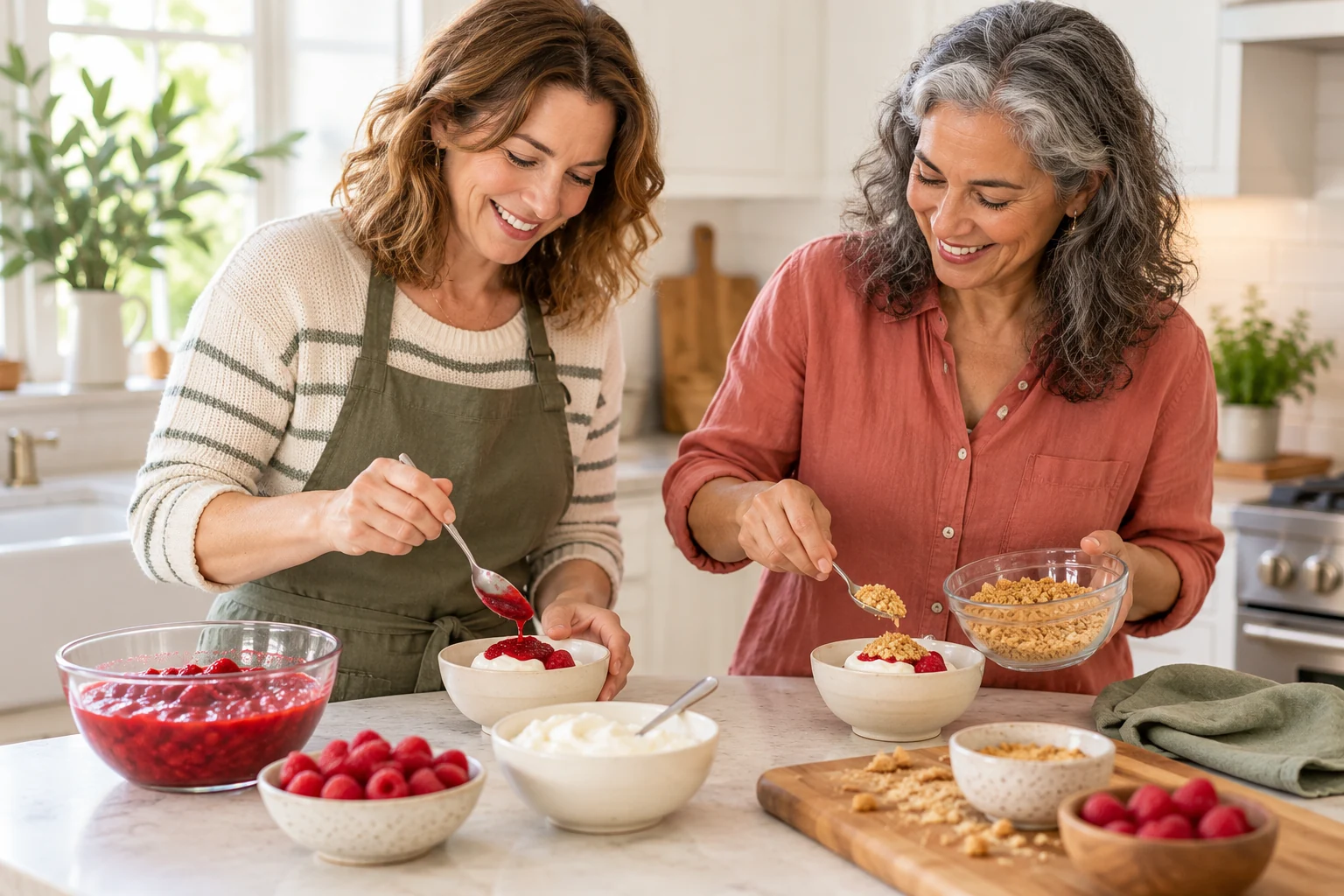 Two adult friends adding raspberry sauce and crumb topping to small dessert bowls at a home kitchen counter.