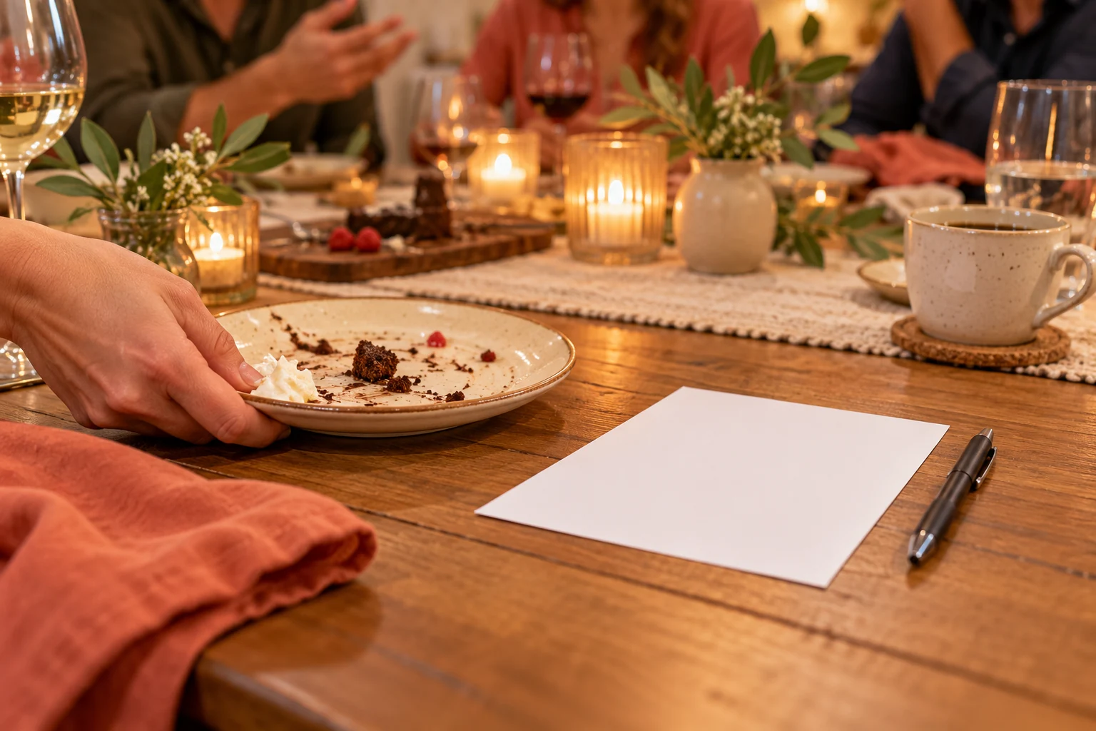 An adult moving a dessert plate aside beside plain paper and a pen, with friends talking across the dinner table.