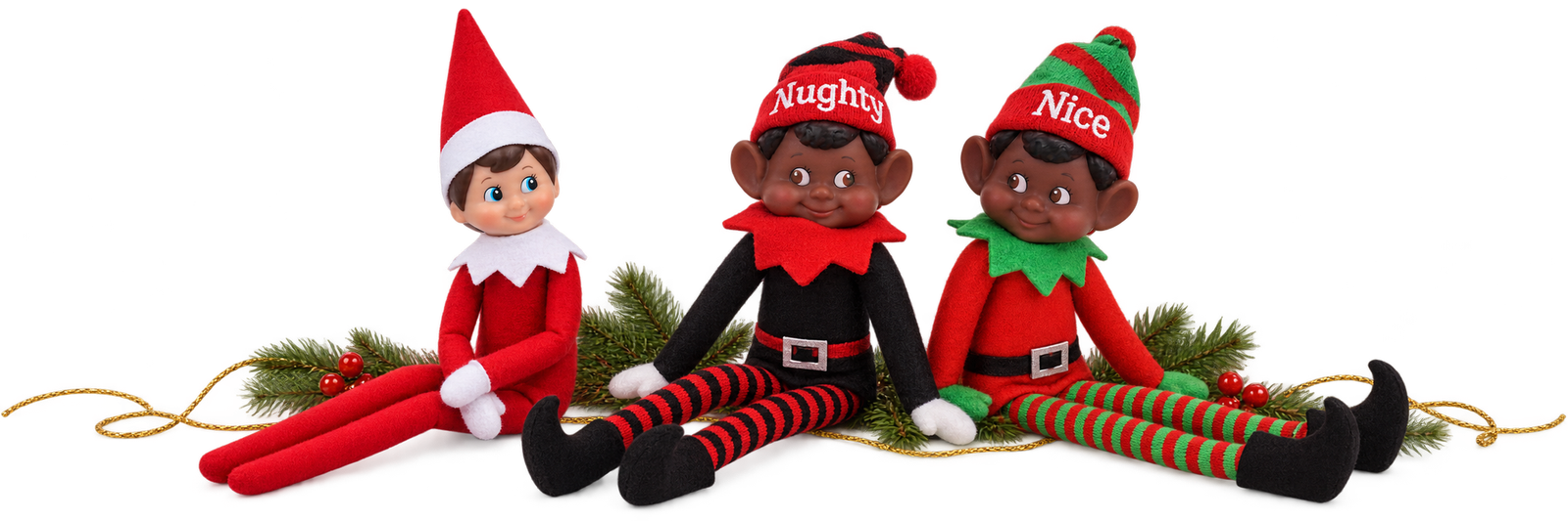 Christmas elf inspiration featuring a slim red elf and a Naughty and Nice elf pair with striped legs.