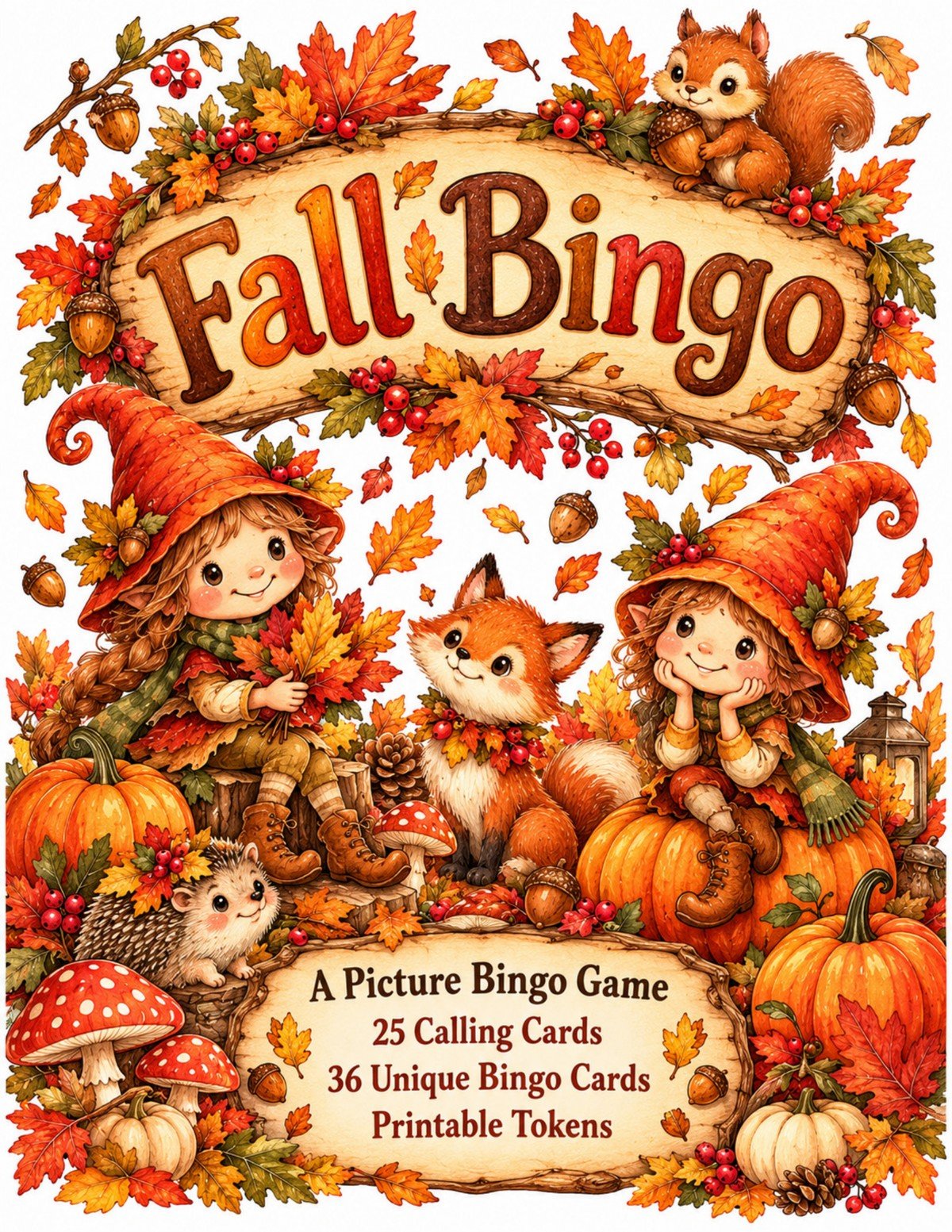 Fall Bingo cover with woodland animals, two autumn characters in orange hats, pumpkins, colorful leaves and red berries.