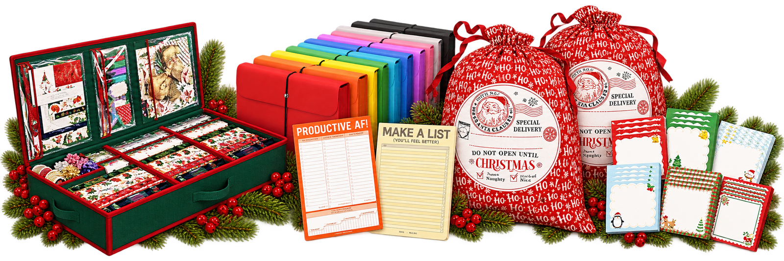 Christmas gift-organizing inspiration with a green and red organizer, colorful expanding folders, Santa sacks, festive note pads, and orange and yellow checklist pads.