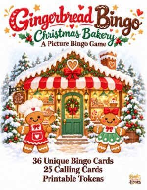 Gingerbread Bingo Christmas Bakery cover with two gingerbread bakers outside a snowy cookie shop, advertising 36 bingo cards and 25 calling cards.