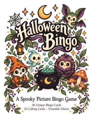 Halloween Bingo cover with a whimsical bat, owls, a ghost, lantern and bubbling cauldron, advertising 36 bingo cards and 25 calling cards.