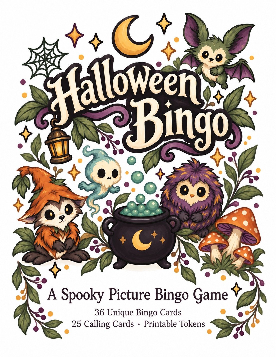 Halloween Bingo cover with a whimsical bat, owls, a ghost, lantern and bubbling cauldron, advertising 36 bingo cards and 25 calling cards.